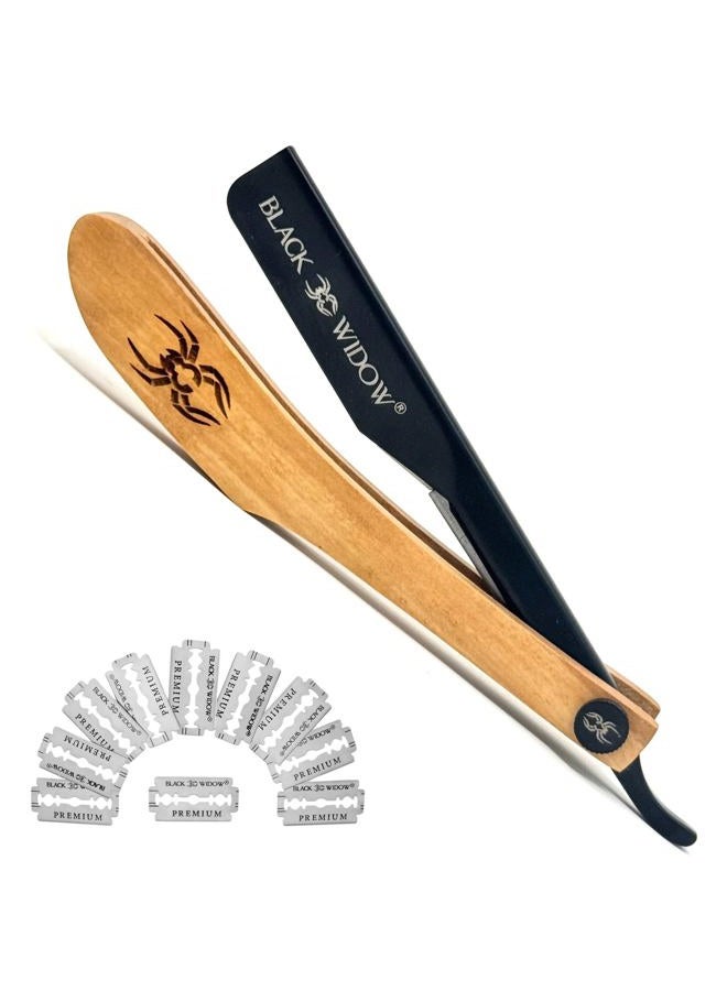 Black Widow Executive Brand Razor Barber Straight Kit - Vintage Wooden Handle, 10 Double-Edge Blades, Men's Shaving Kit for Barbers, Light Wood - Image 1